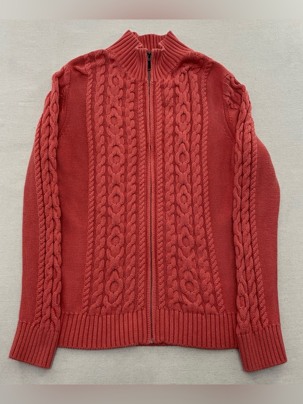 LL Bean Cardigan Womens Large Cable Knit Salmon Sweater Cotton Full Zip Sweater